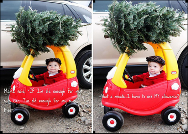 portrait ideas, playing grown up, kids portrait, christmas tree on toy car, digital photography, holiday portraits