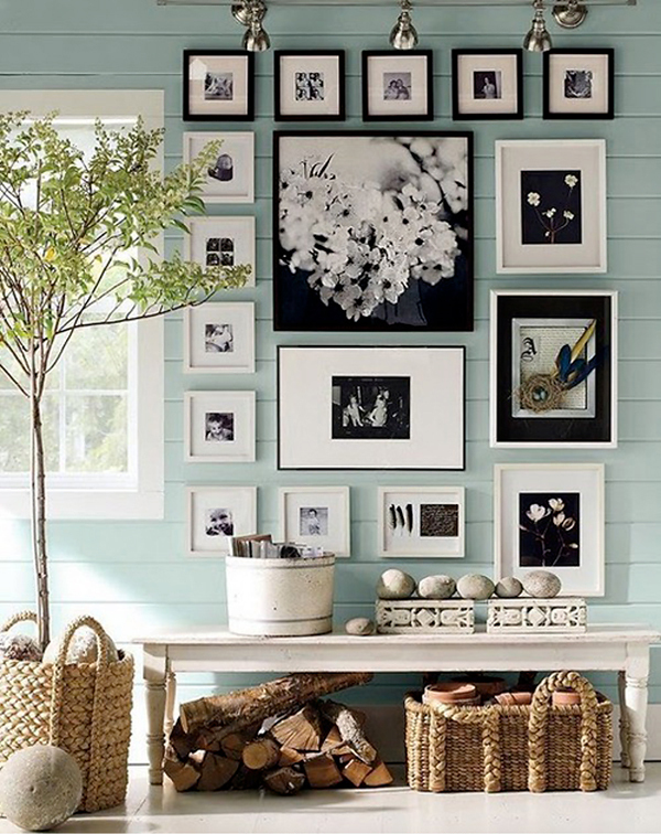 wall collage, black frame collage, pottery barn photo wall, photo wall, black and white photos in frames