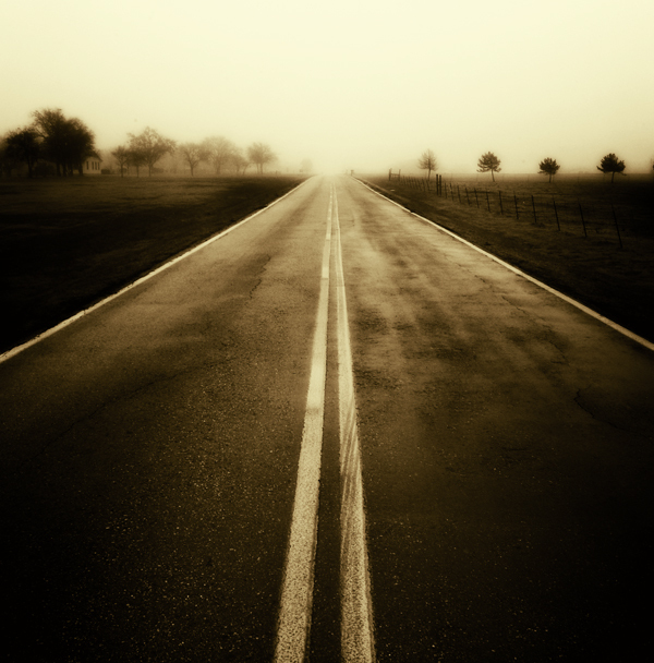 leading lines, foggy road, sepia road, digital photography